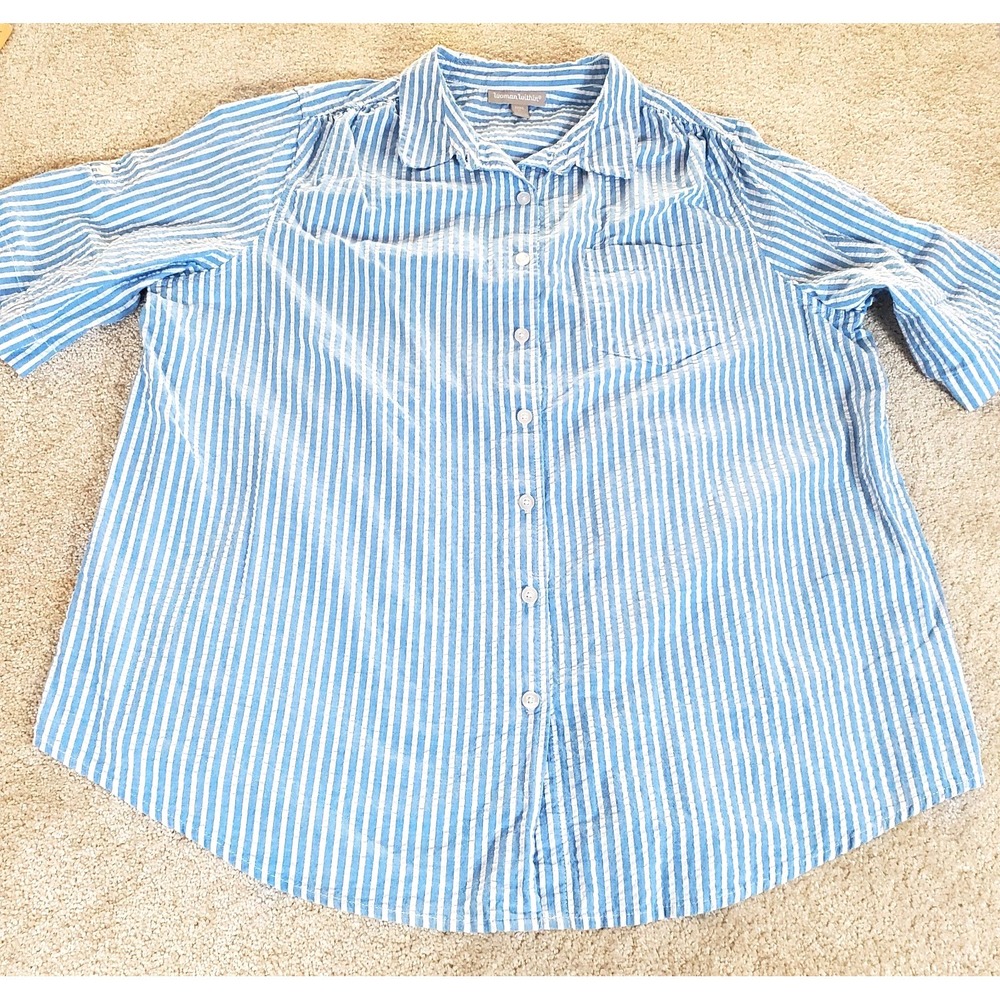 Woman Within Button Up Shirt Size 1X 22-24 Blue White Seersucker Stripe